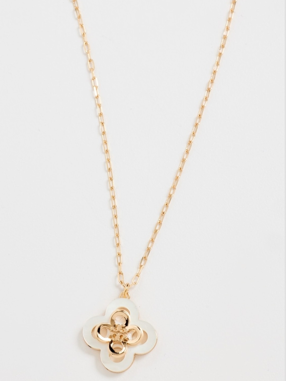 NEW Tory Burch Gold Plated Kira Clover Pendant Necklace White Enamel Four Leaf